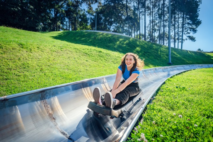 Person joyfully riding a luge on a sunny day with green grass and trees.