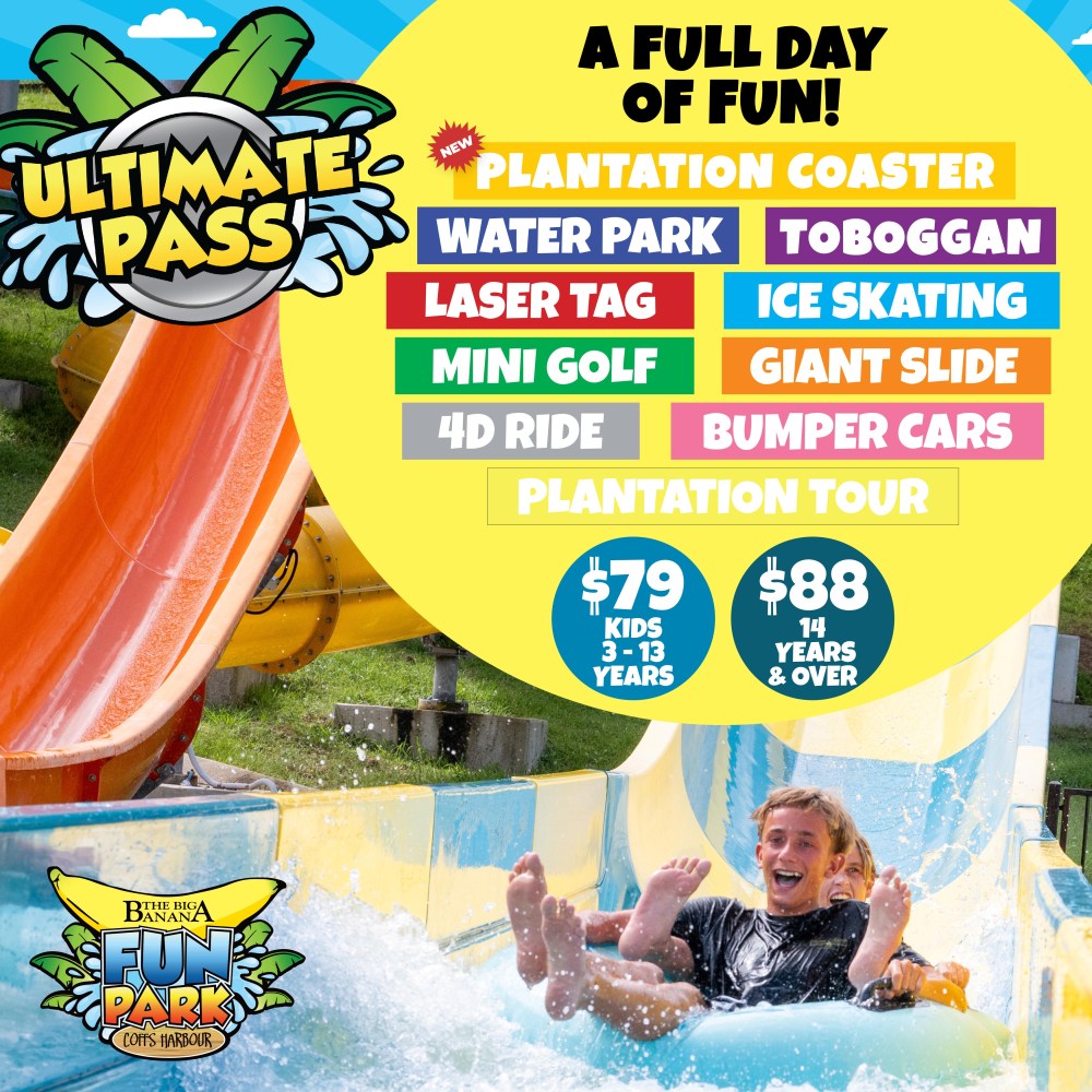 Amusement park ad with slides, activities list, and prices for kids and adults.