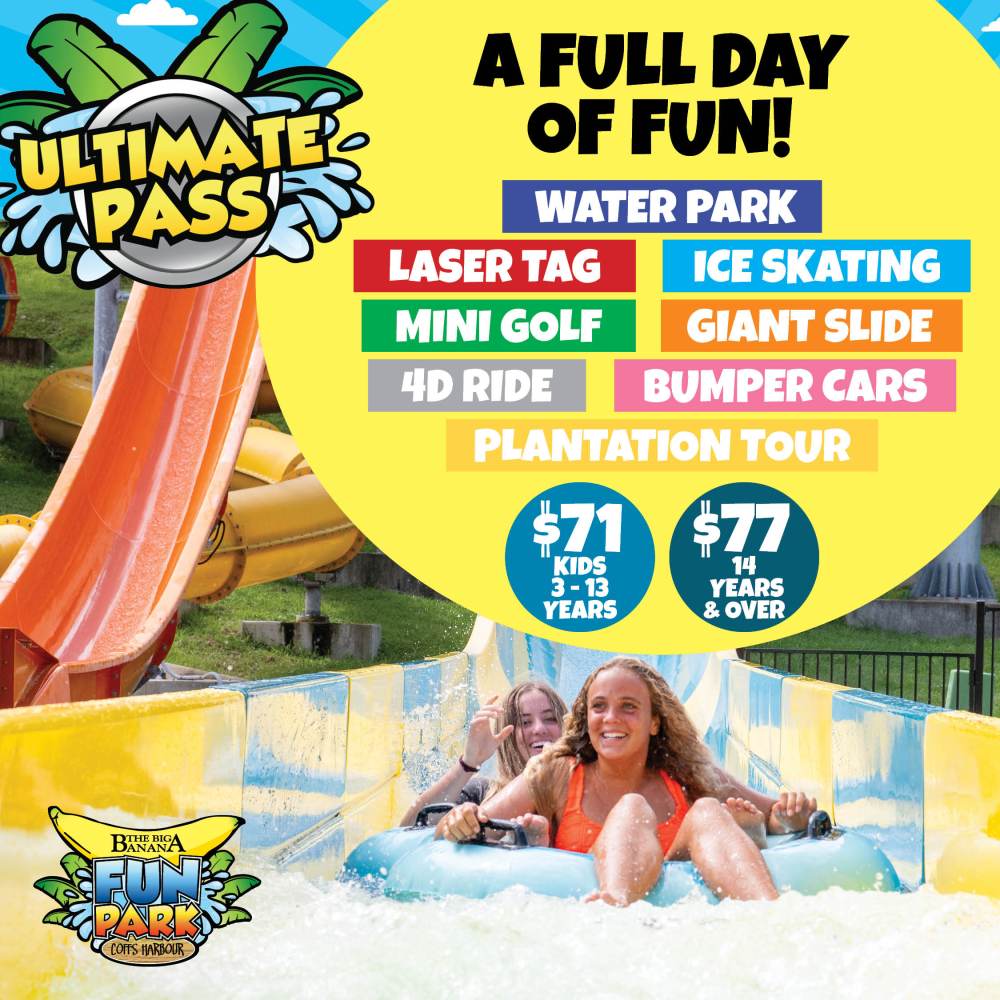 Water park promo with rides info; two girls on a water slide, prices listed for different age groups.