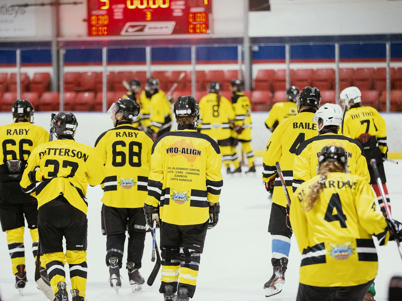 a group of hockey players on the field