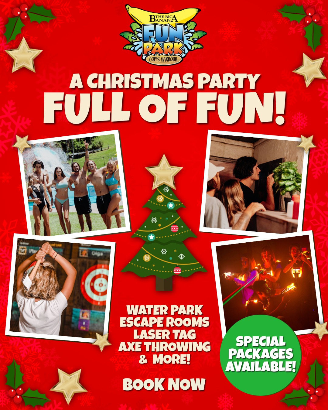 Christmas party fun poster: water park, laser tag, axe throwing images; holiday decor and special packages info.