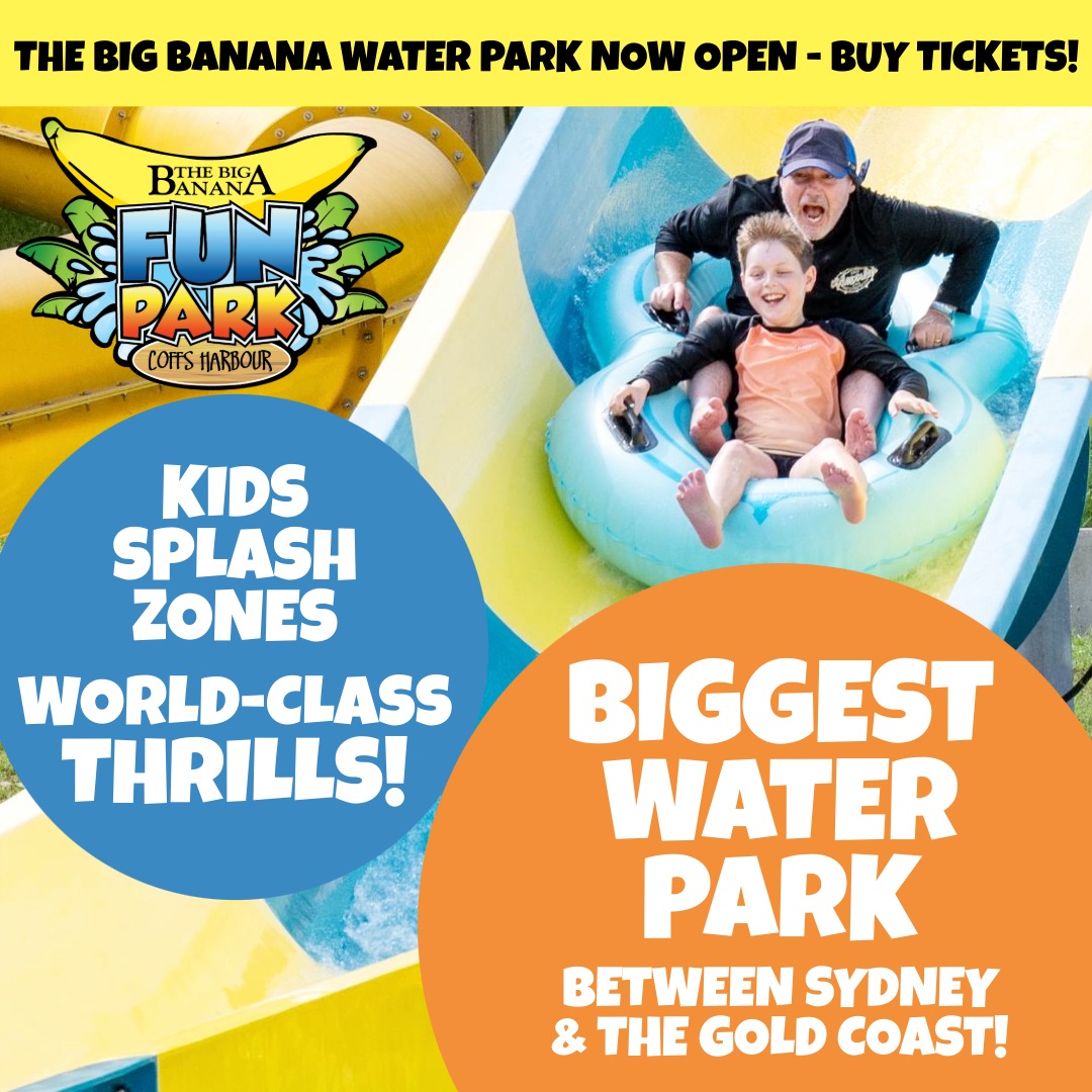 Man and child on yellow water slide with fun park text, promoting biggest water park.