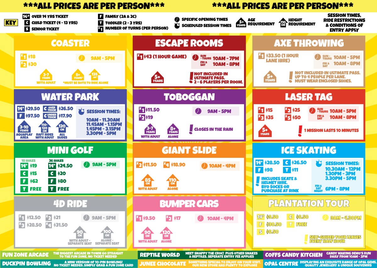 Colorful theme park price list with activities like coaster, escape rooms, laser tag, mini golf, and ice skating.