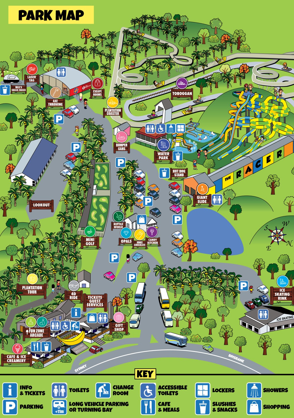 Illustrated park map with attractions, parking, and facilities icons.