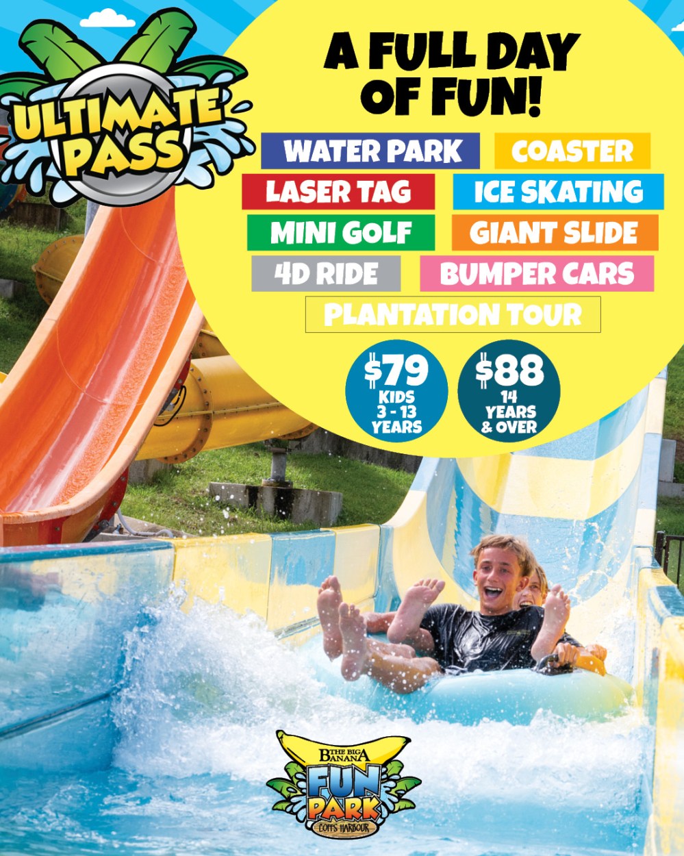 Two people sliding down a water slide, promoting a fun park with multiple attractions and pricing information.