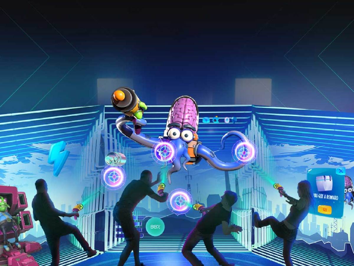 People interacting with a virtual octopus in a digital gaming environment.
