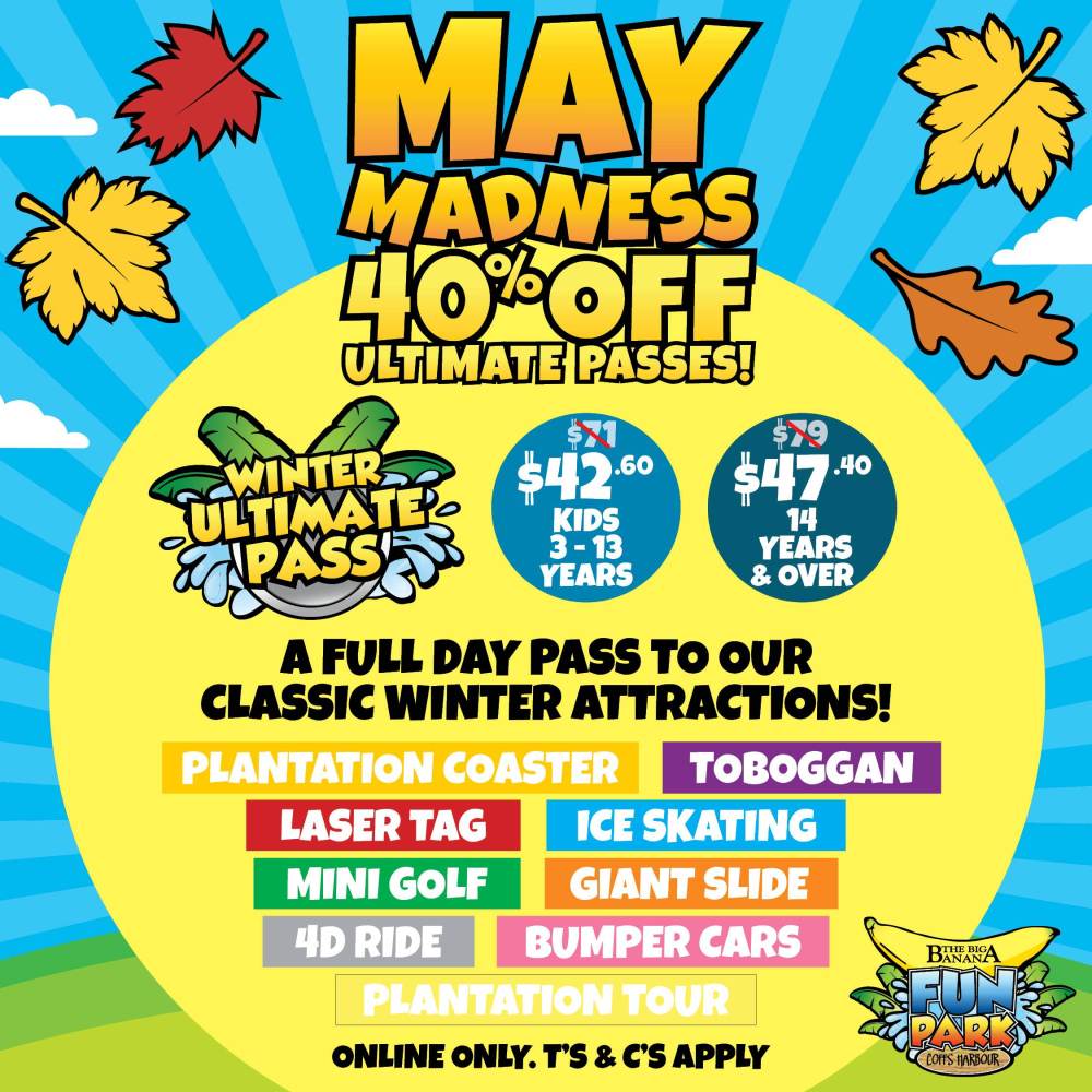 Bright May Madness sale poster, 40% off park passes, colorful graphics and details on discounts.