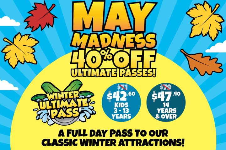 Colorful May Madness sale poster with discounts on Ultimate Passes and autumn leaf graphics.