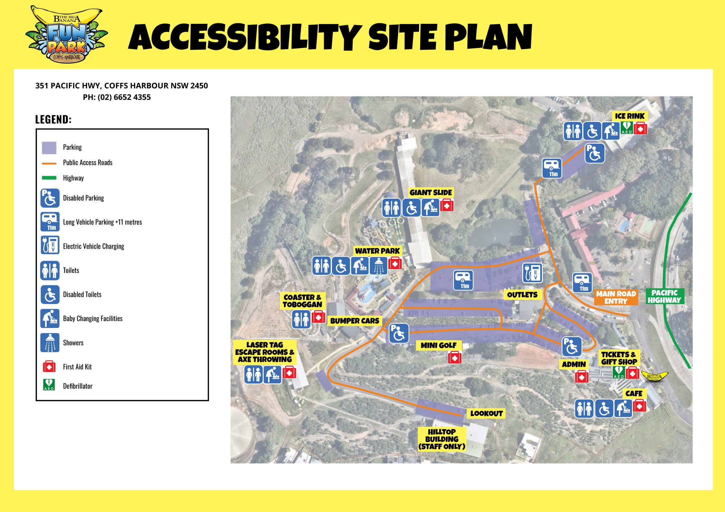 Accessibility site map of an amusement park with legend and zones marked.