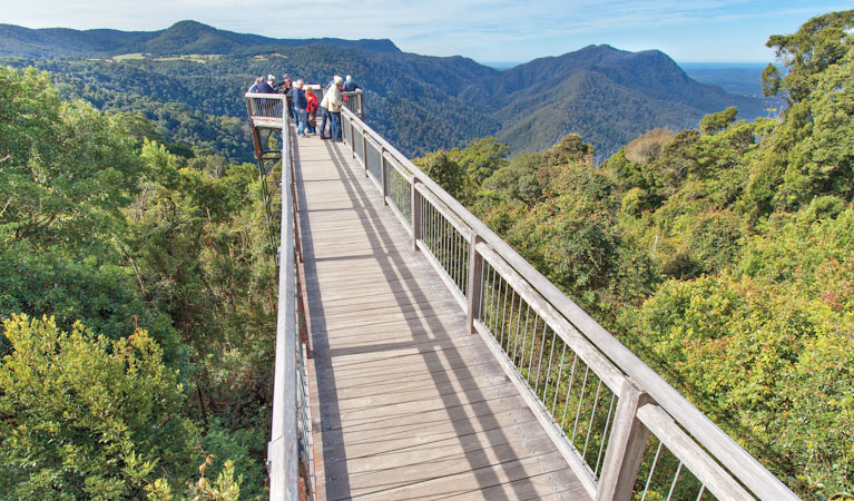 People on a boardwalk overlooking a forested mountain landscape under a clear blue sky.