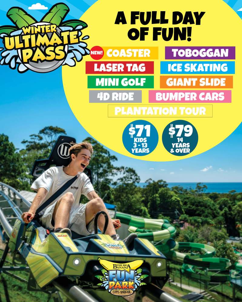 Amusement park ad with slides, activities list, and prices for kids and adults.