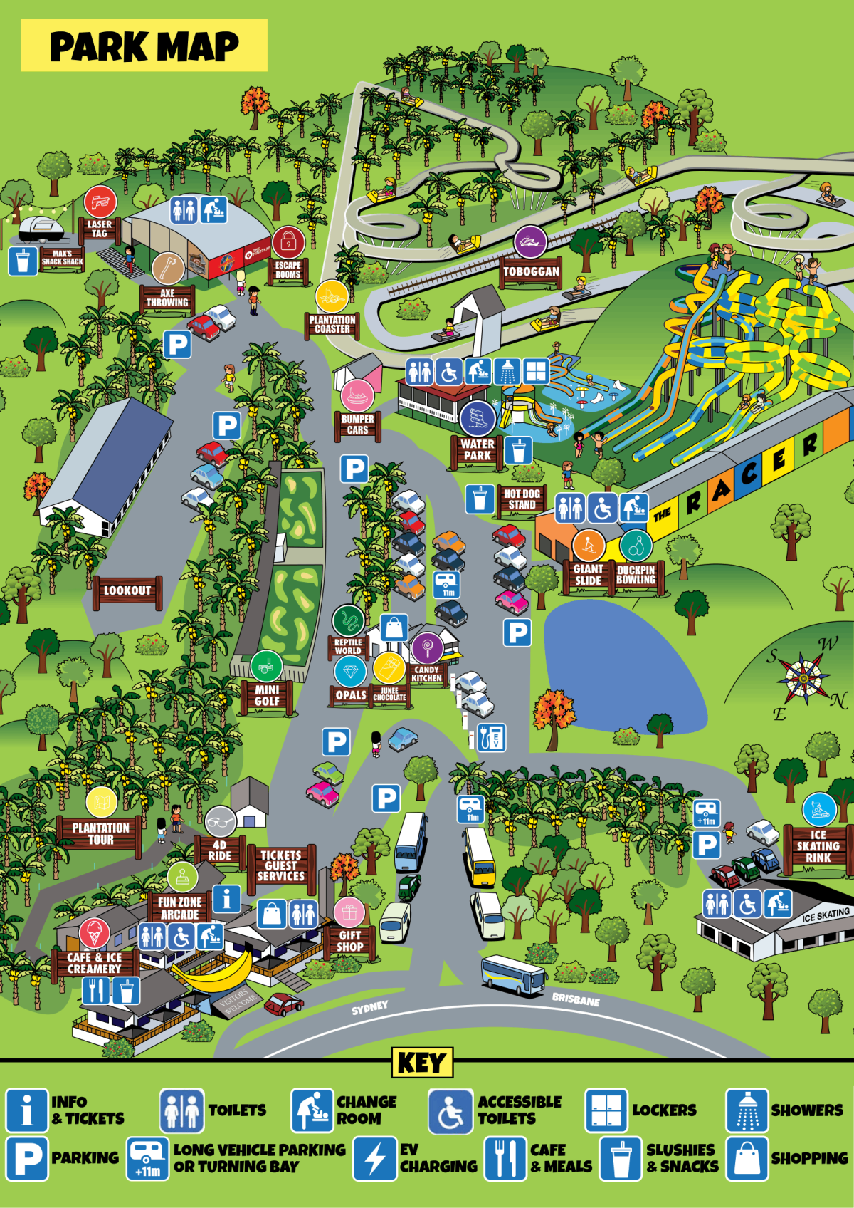 Colorful park map with attractions, paths, parking, toilets, and food areas.