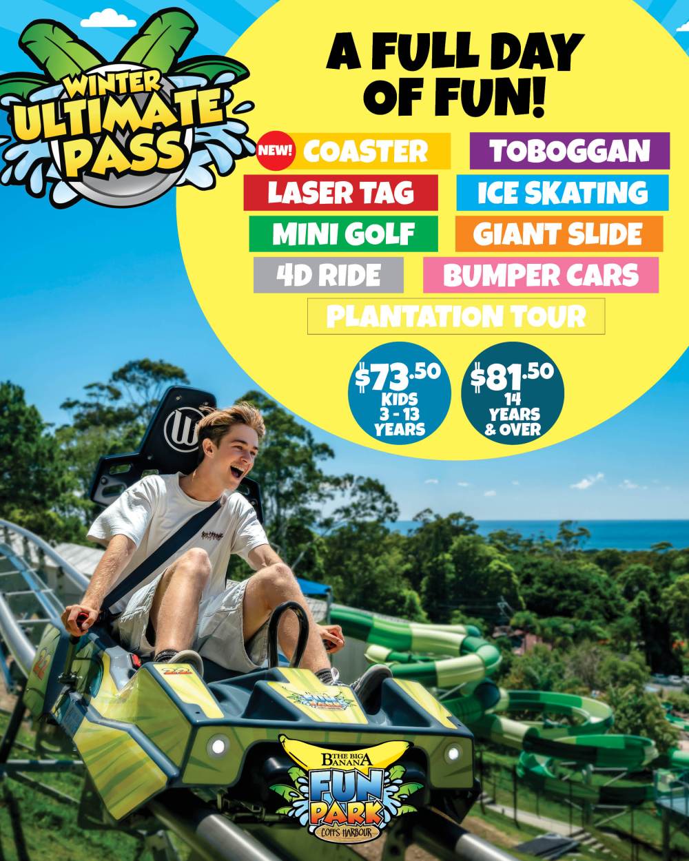Amusement park ad with slides, activities list, and prices for kids and adults.