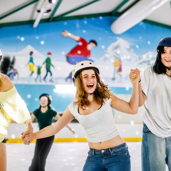 Three smiling women ice skating indoors holding hands.