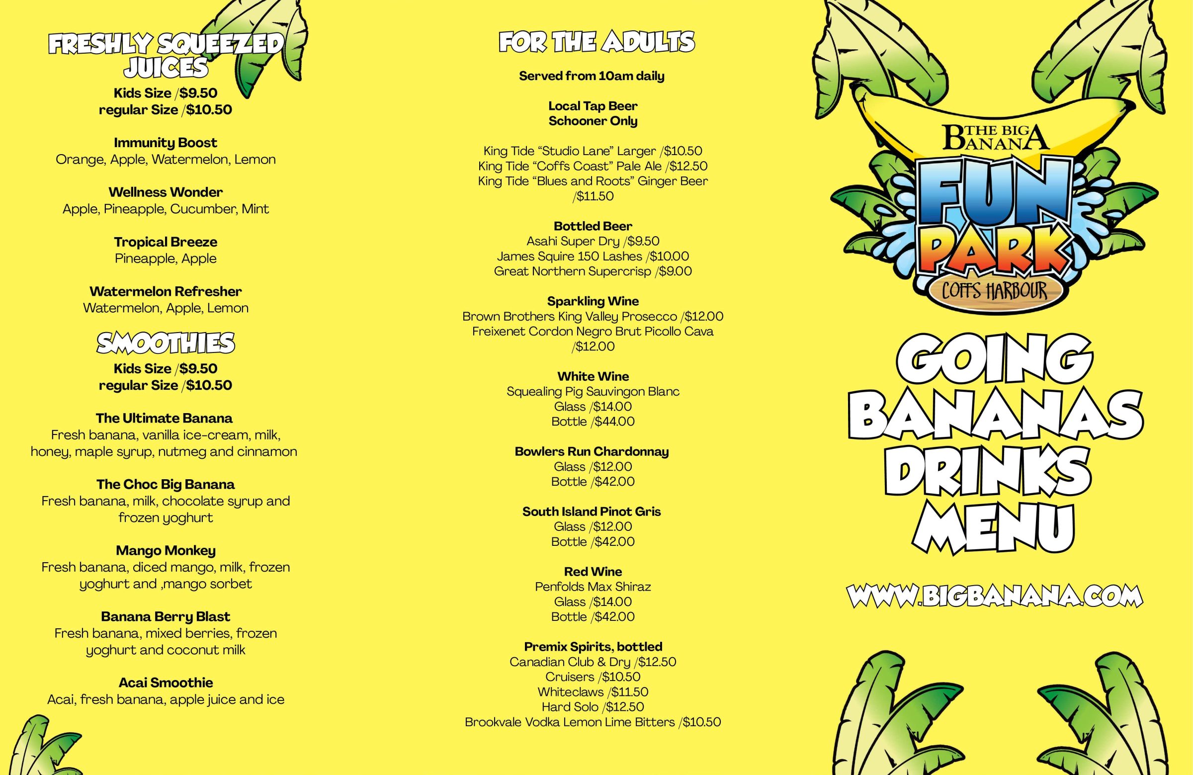 Yellow drink menu with sections for juices, smoothies, and drinks for adults.