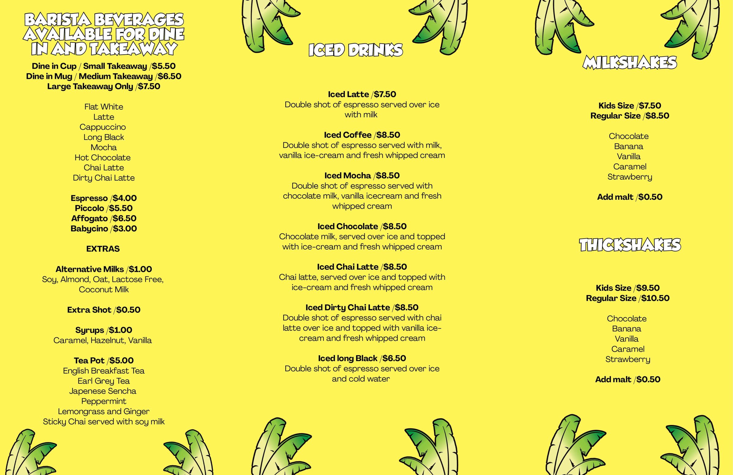 Tropical-themed beverage menu with yellow background and leaf accents.