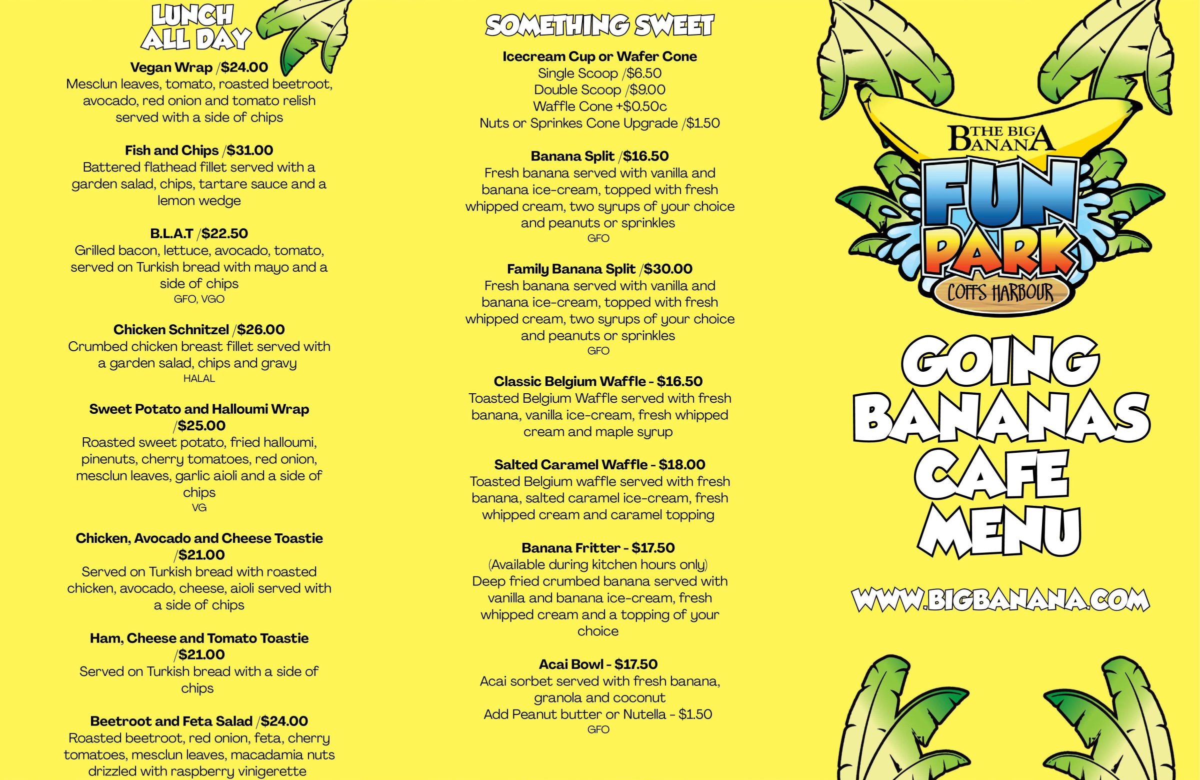 Colorful cafe menu with tropical leaf borders and various food items listed.