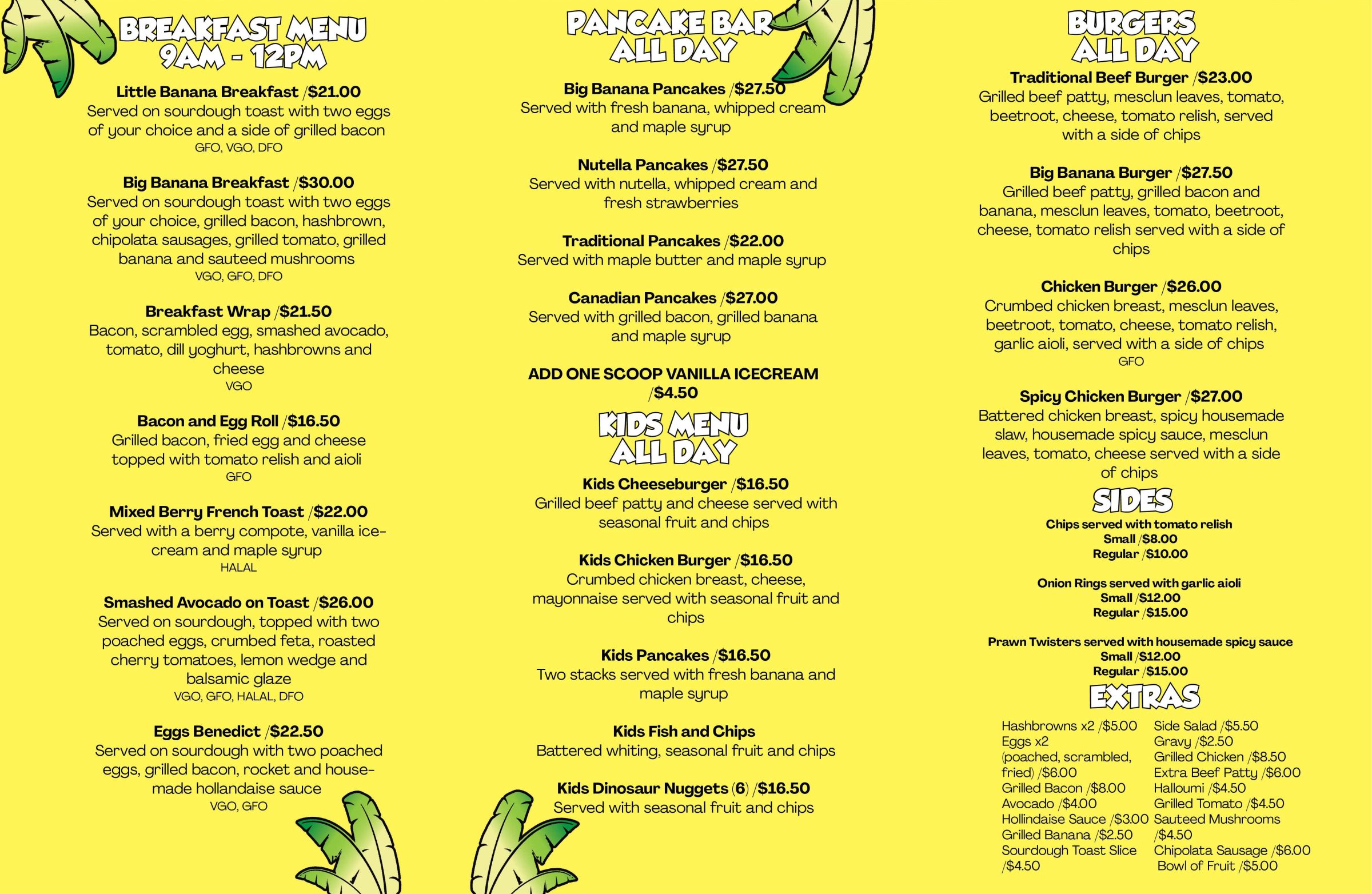 Restaurant menu with breakfast, pancakes, kids, burgers, and extras sections.