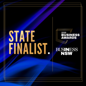State Finalist, 2026 Business Awards by Business NSW with abstract blue background.