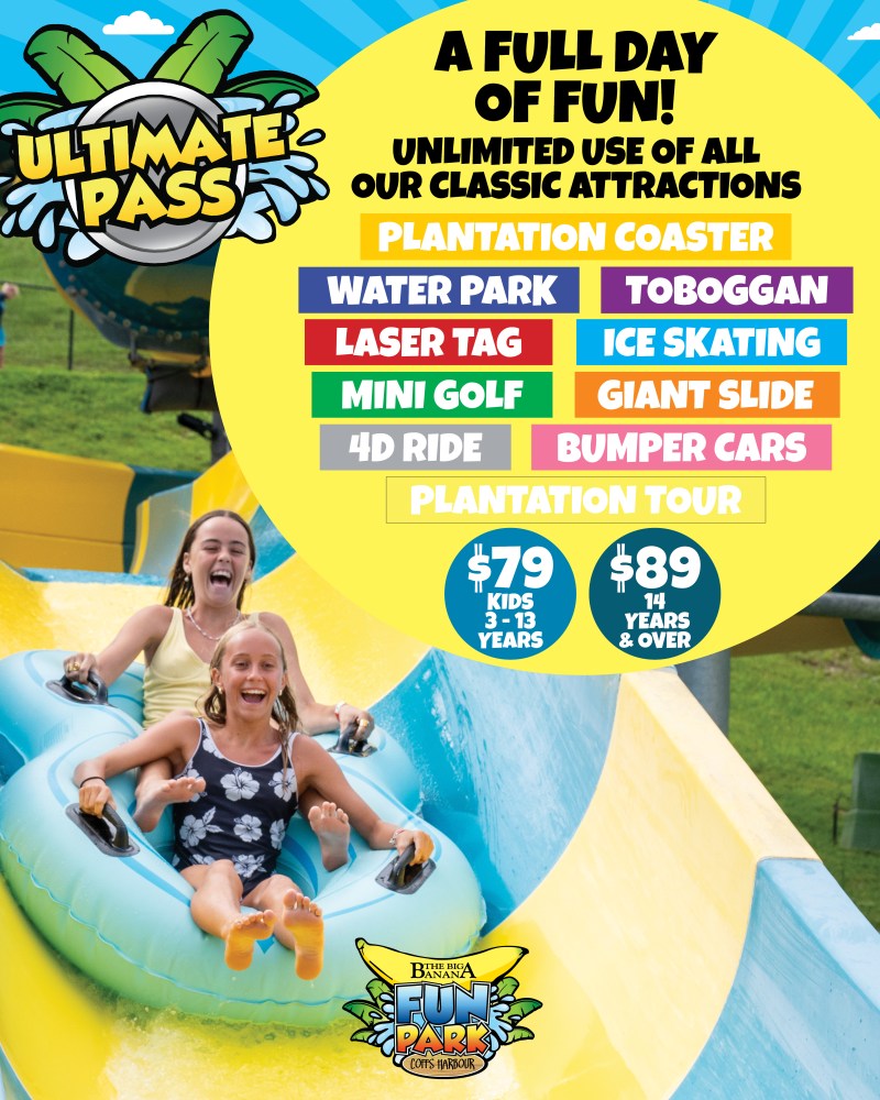 Amusement park ad with slides, activities list, and prices for kids and adults.