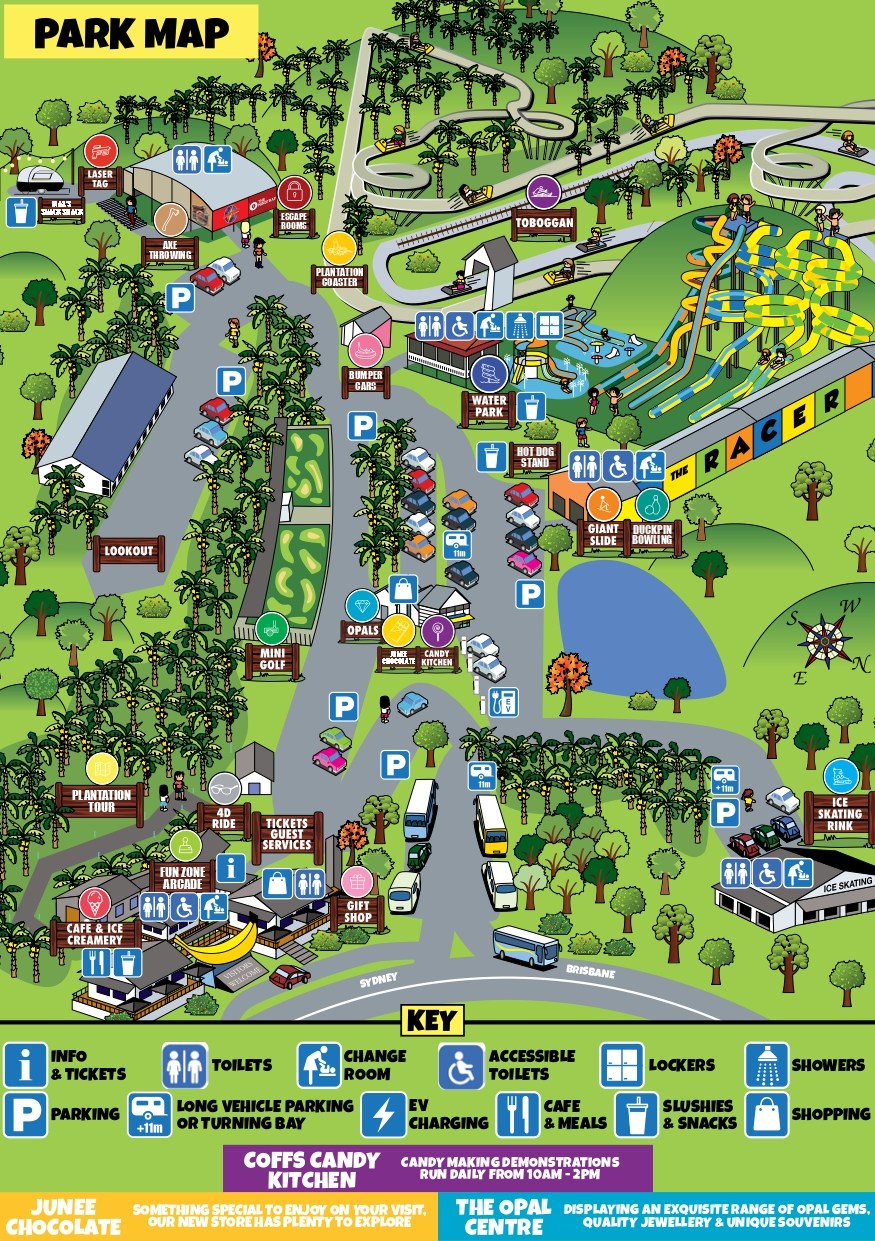 Illustrated theme park map with rides, pathways, and facilities labeled.
