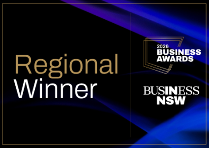 Business awards graphic with 'Regional Winner' and '2026 Business Awards, Business NSW' text.